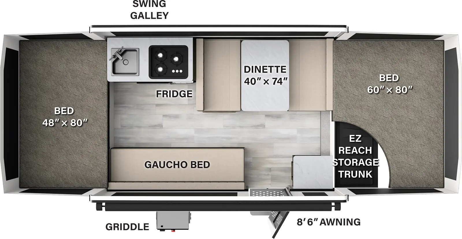 The 206M has no slideouts and one entry door. Exterior features an 8 foot 6 inch awning, EZ reach storage trunk, and a griddle; Interior layout front to back: tent bed; kitchen area with off-door side dinette and swing galley with refrigerator, cooktop and sink, and a door side cabinet and gaucho bed; rear tent bed.